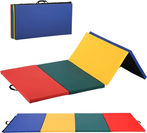 Miniatura 17 de Colchoneta de gimnasia portátil plegable de 4 x 8/2 x 6 pies, tapete de ejercicio de piel sintética con asas de transporte para entrenamiento en Rosa