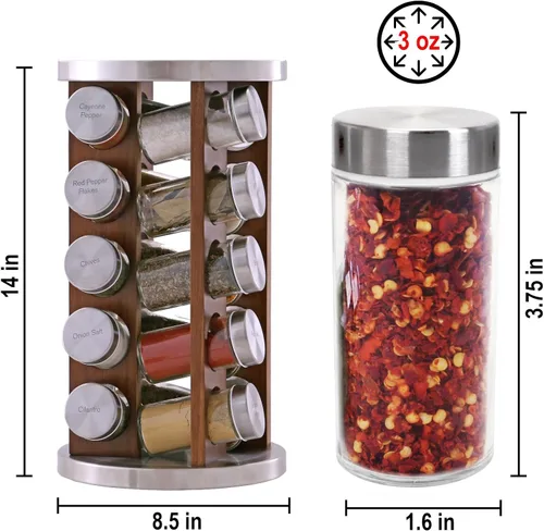 Miniatura 8 de Orii Repisa para 20 tarros de madera de acacia oscura con especias incluidas - Organizador giratorio en torre para especias y condimentos de cocina