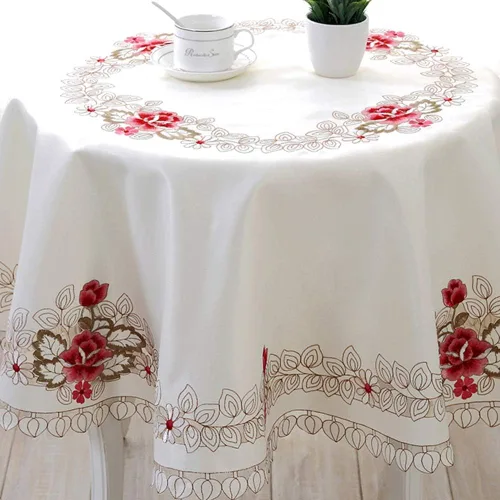 Miniatura 3 de LeLehome - Mantel de encaje bordado con flores cafés, color crema y beige, diseño clásico y tela que no se arruga para mesa de comedor