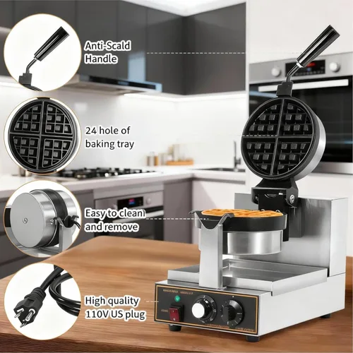 Miniatura 5 de WICHEMI Gofrera belga comercial gruesa, de hierro fundido redondo waflera giratoria, 180° Flip antiadherente Control de tiempo Temperatura ajustable