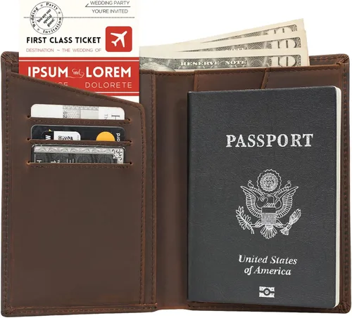 Miniatura 2 de Polare - Cartera plegable de cuero con bloqueo RFID para pasaporte y viaje para hombres Marrón oscuro Cartera de bloqueo RFID
