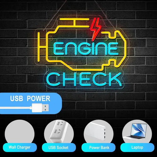 Miniatura 5 de Letrero de neón Check Engine para decoración de pared de garaje, letreros de neón Check Engine para taller de reparación de automóviles con letreros