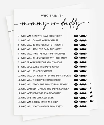All Ewired Up 50 Mommy or Daddy? Who Said It Game (50 tarjetas), divertido juego de baby shower, género neutro niño o niña minimalista
