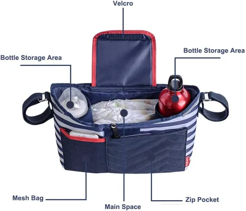 Miniatura 4 de Organizador de cochecito de bebé 2 en 1, bolsa de almacenamiento de silla de paseo para niños, bolsa de almacenamiento multifunción para niños