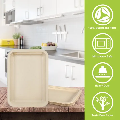 Miniatura 3 de Paquete de 10 platos de comida, platos de papel rectangulares, aptos para microondas, a prueba de remojos, resistentes a cortes, compostables