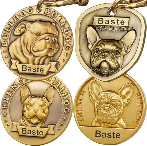 Etiquetas personalizadas para perros bulldog inglés y francés para mascotas, placa de identificación de nombre de perro grabada personalizada, de