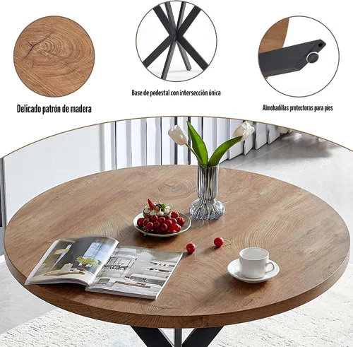Miniatura 5 de Juego de mesa redonda y silla de 3 piezas, ahorro de espacio, rincón de desayuno, mesa de madera de nogal con marco de metal y 2 sillas de comedor