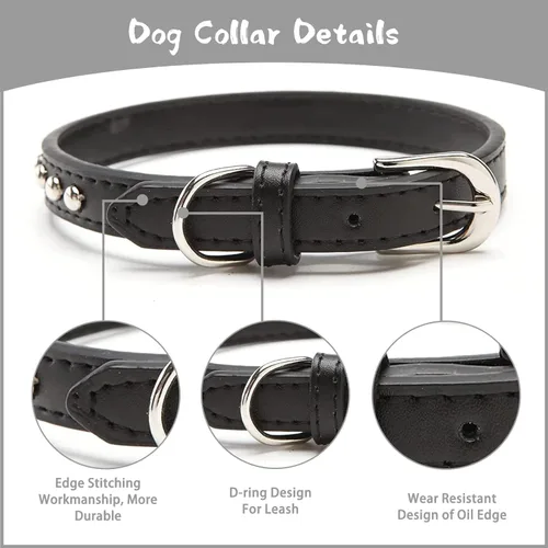 Miniatura 3 de BINGPET Collar de cuero ajustable para perro, collar duradero con tachuelas, con hebilla de metal y anillo en D para perros pequeños, medianos