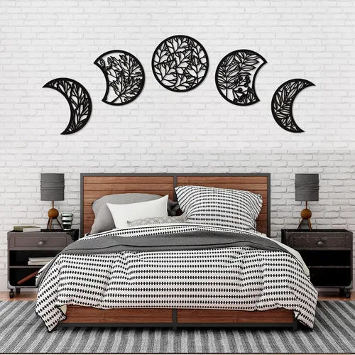 Miniatura 8 de Jetec 5 piezas de arte de pared de fase lunar para colgar en la pared, frontones de madera, fase lunar espiritual, dormitorio, nórdico, bohemio