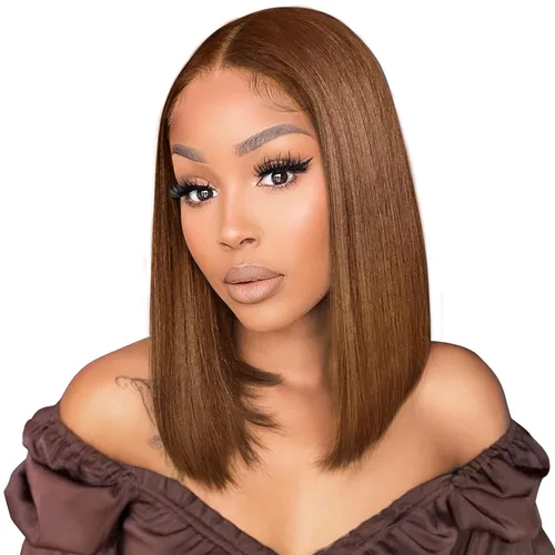 Peluca de cabello humano marrón con encaje frontal HD de 13 x 4 pulgadas, peluca corta estilo Bob para mujeres negras, prearrancada con abuelitos,