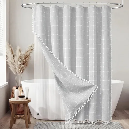 Miniatura 32 de BTTN Juego de cortinas de ducha estilo bohemio de granja con borlas, tela rústica de lino resistente, repelente al agua, cortinas de ducha gruesas A