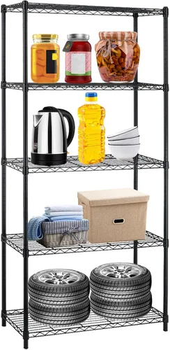 Estantería de alambre negro de 5 estantes, organizador de estantes de metal NSF para garaje, estantes de almacenamiento grandes, altura ajustable,
