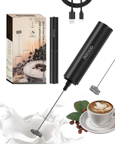 INFOOD Espumador de leche recargable con tapa, varita espumadora de café, mezclador de bebidas de mano con 2 batidores desmontables de acero