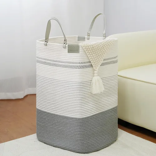 Miniatura 13 de danpinera Cesta Grande de Lavandería – Cesta de Almacenamiento Tejida de Algodón Alto de 75L con Asas de Cuero, Cesta de Ropa Sucia Esbelta, Cesta