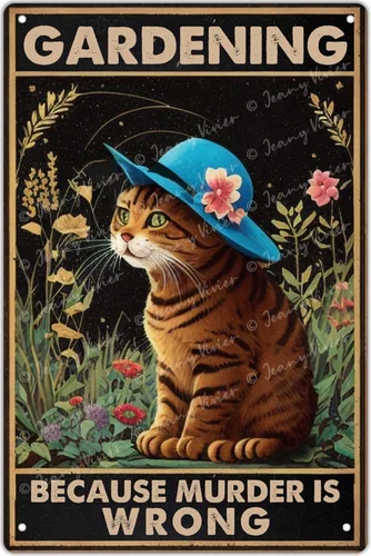 Zomyto Gardening Because Murder is Wrong Cat Girl - Cartel de metal vintage para decoración de jardín, decoración de habitación, decoración de pared