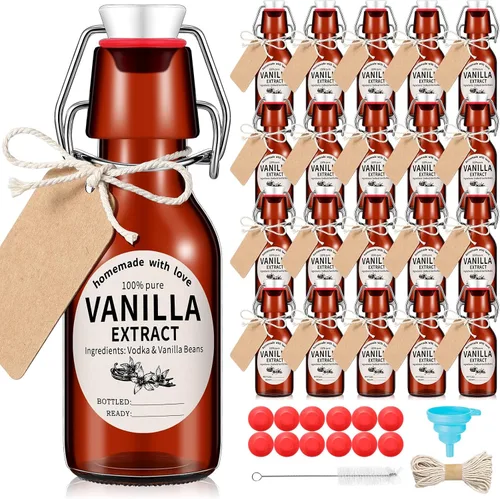 Vesici Juego de 8 botellas de vidrio con tapa oscilante ámbar, botellas de extracto de vainilla casero, frascos de extracto de vainilla para