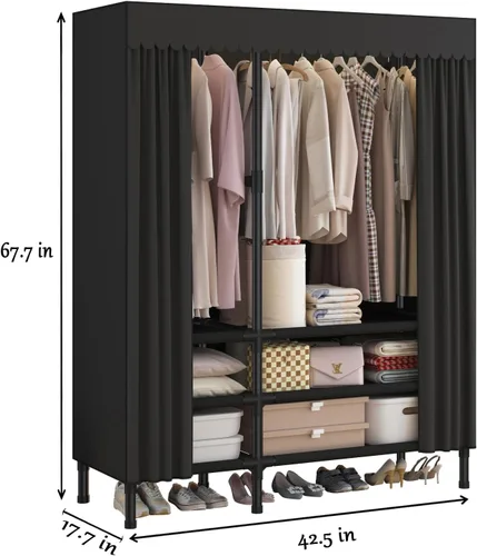 Miniatura 3 de Armario portátil para colgar ropa, perchero con funda, armario portátil con 2 varillas para colgar, 6 estantes de almacenamiento, 43.3 pulgadas