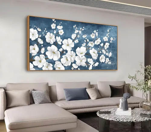 Miniatura 8 de Shoci Arte de pared de árbol de flores, lienzo grande de ramas florales blancas y marrones para sala de estar, pintura rústica, verde azulado