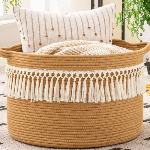Miniatura 21 de KAKAMAY Cesta grande para manta (20 x 13 pulgadas), cestas tejidas para almacenamiento de ropa sucia de bebé, canasta de manta de cuerda de algodón