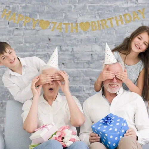 Miniatura 2 de Cartel dorado de feliz cumpleaños 74, purpurina para mujer u hombre de 74 años, decoraciones para fiestas