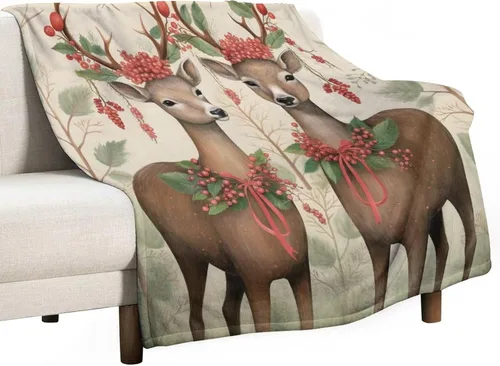 Elegante manta de Navidad con diseño de ciervos y bayas rojas y verdes, diseño de renos de invierno, con diseño de ciervos y bayas rojas, manta