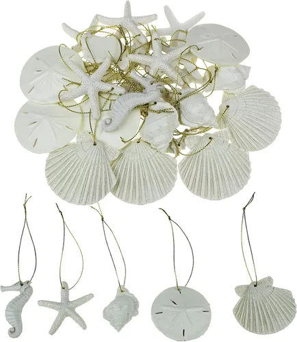 30 piezas de adornos de estrella de mar de resina, caballito de mar, sanddollar, concha y conchas marinas con cuerda para árbol de Navidad, adornos
