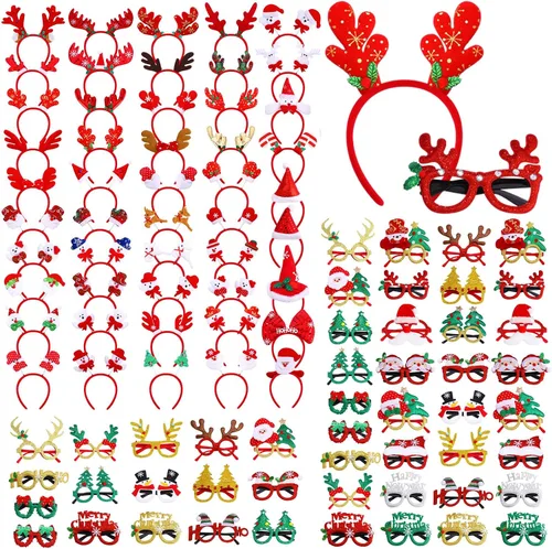 Yunlly Juego de 100 diademas navideñas y marco de lentes, incluye 50 estilos de diademas navideñas con 50 gafas de Navidad, divertidos muñecos de