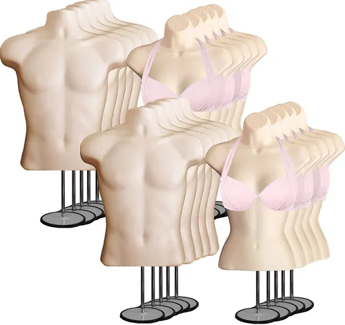 Miniatura 15 de Torso de maniquí masculino y femenino con soporte de metal, cuerpo hueco en la espalda, forma de vestido apilable para exhibición de camisetas, Gris