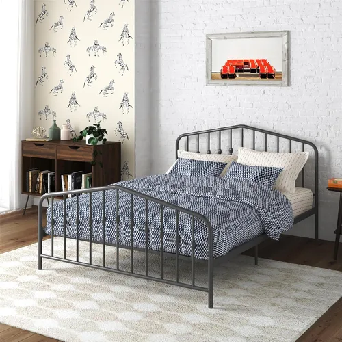 Miniatura 18 de Novogratz Bushwick - Marco de cama Queen de metal con cabecera ligeramente triangular, husillos insertados, base ajustable para almacenamiento,