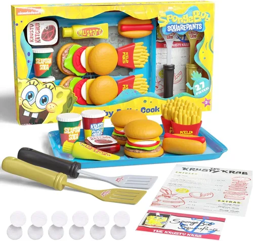 Spongebob - Juego de cocina para niños, comida interactiva con 2 hamburguesas Krabby Patty, batido Seafoam, papas fritas Kelp, juguetes de Bob