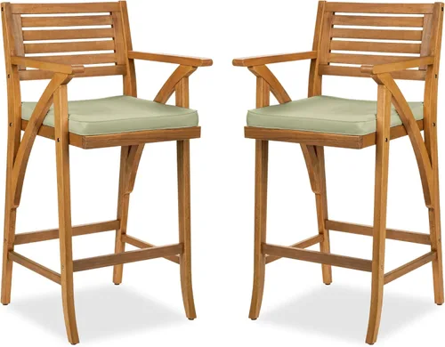 Miniatura 13 de Best Choice Products Juego de 2 taburetes de bar de madera de acacia para exteriores, sillas de bar para patio, piscina, jardín con cojines Crema
