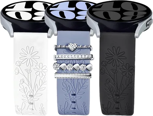 Miniatura 10 de Correas para Samsung Galaxy Watch 7/6/5/4/FE Banda 40mm 44mm con Charms, Correa de Reemplazo de Silicona con Flores Grabadas de 20mm para Mujeres