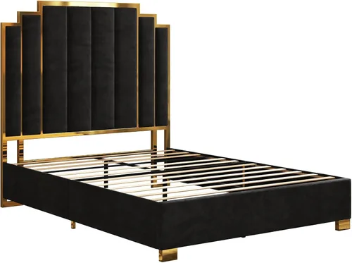 Miniatura 8 de AMERLIFE Cama tapizada tamaño Queen, marco de cama de terciopelo moderno con cabecera de ribete dorado de 61.4 pulgadas de alto, no necesita somier