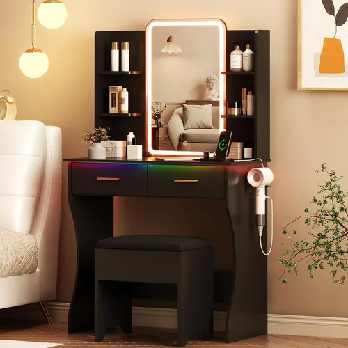 Escritorio de tocador con espejo con luces LED y toma de corriente, pequeño juego de mesa de tocador de maquillaje con cajones de almacenamiento y