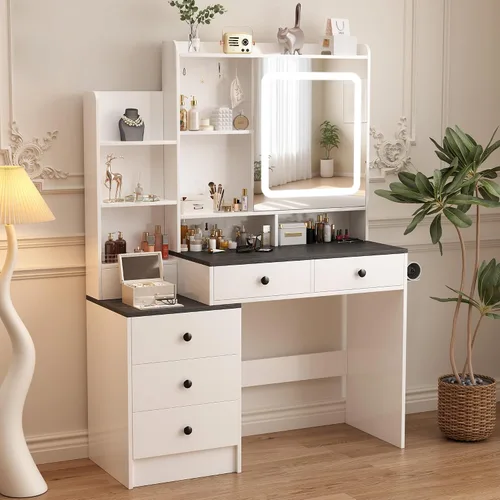 Miniatura 7 de KAMABOKO Escritorio de tocador con luz y espejo, mesa de maquillaje blanca con cajones y estación de carga, 3 modos ajustables para dormitorio y 042