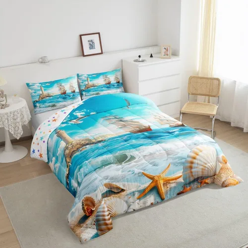 Miniatura 4 de Castle Fairy Juego de edredón de verano para niños, tamaño individual, diseño náutico reversible con diseño náutico de estrellas de mar, barco y Azul