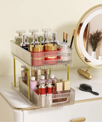 colorsmoon Organizadores de maquillaje y cuidado de la piel de 2 niveles para tocador, organizador grande de perfumes, organizadores de baño Dorado