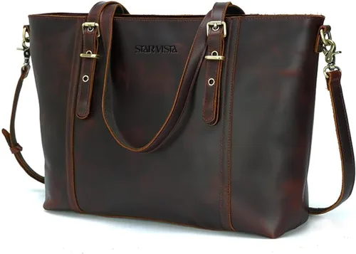 STAR VISTA Scopella Bolsa de cuero de grano completo, XL, portátil de 15.6 pulgadas, cremalleras YKK, asas ajustables y correa, funda para carrito