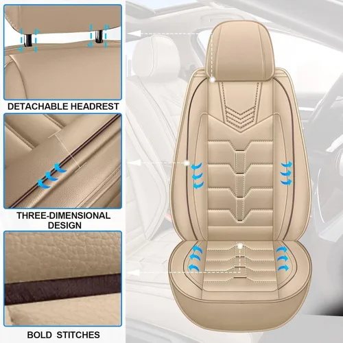Miniatura 3 de IKABEVEM 2PCS Front Car Seat Covers Fit for GMC Acadia 2017-2026 Faux Leather Seat Cover Waterproof Seat Cushion Protector (Beige)