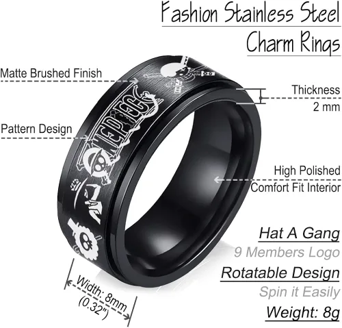 Miniatura 5 de Anillo de anime de una pieza de acero inoxidable negro para hombres, anillo de anime Luffy para niños, joyería de anime de 0.315in, Acero