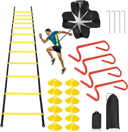 Miniatura 6 de Juego de Equipo de Entrenamiento de Velocidad y Agilidad, Incluye Escalera de Agilidad de 20 pies con 12 peldaños, 4 Obstáculos de Agilidad, 12