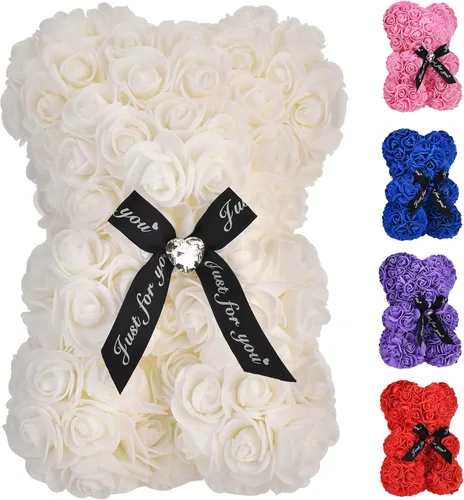 Miniatura 14 de Oso de peluche hecho de rosas, regalo para mujer, regalo para madre, hecho a mano, con tira de luces, con caja de regalo, para regalo de cumpleaños