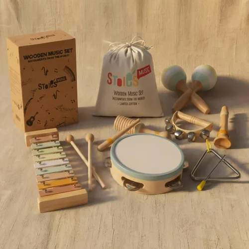 Miniatura 12 de Stoie's Instrumentos musicales de madera para niños pequeños con xilófono, maracas, triángulo, pandereta para bebés y niños, juguete educativo