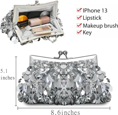 Miniatura 2 de Euarnalie Bolso de mano de lentejuelas para boda, brillante, para noche, baile de graduación, cóctel, fiesta, bolsos