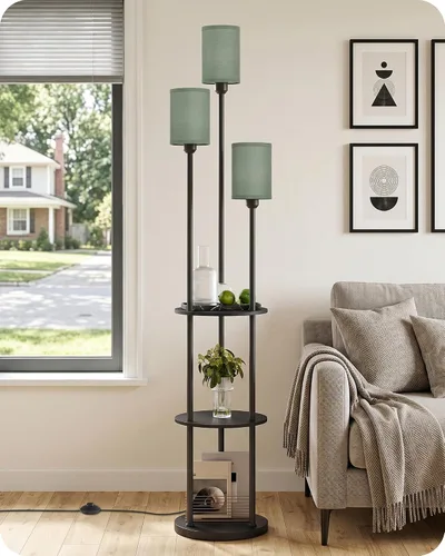 Miniatura 12 de Lámpara de pie negra con estantes, lámpara de pie moderna con 3 pantallas de cristal e interruptor de pie, lámpara de pie de 3 luces, para sala