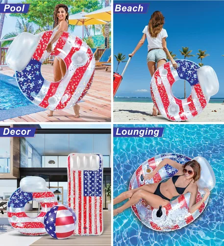 Miniatura 4 de POZA Flotador inflable de piscina de Estados Unidos – Lujosa tumbona divertida llena de confeti de estrellas plateadas brillantes, diseño de bandera