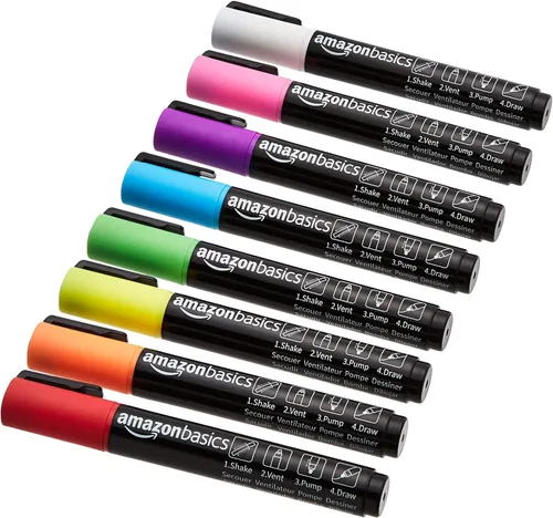 Amazon Basics Marcadores de tiza reversibles con punta de bala/cincel, punta gruesa, paquete de 8, colores brillantes