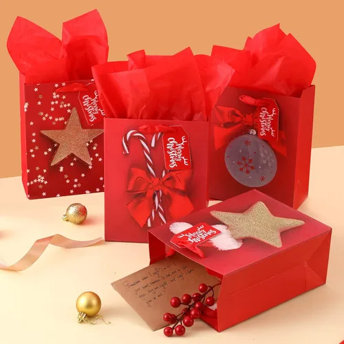 Miniatura 2 de KomoLeay Paquete de 4 bolsas de regalo de 13" de gran tamaño con patrón navideño surtido, bolsas de regalo con papel de seda para suministros