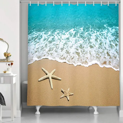 Miniatura 10 de NYMB Cortina de ducha de agua de mar, tela de poliéster, náutica de verano, tropical, olas sobre un azul y blanco ventoso, decoraciones de baño
