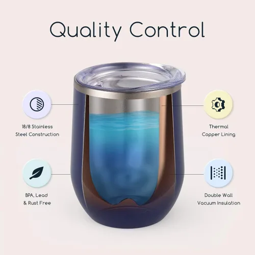 Miniatura 4 de Maars Bev - Vaso de vino de acero inoxidable sin tallo con tapa, aislado al vacío de 12 onzas, a prueba de derrames, apto para viajes, vasos midnight